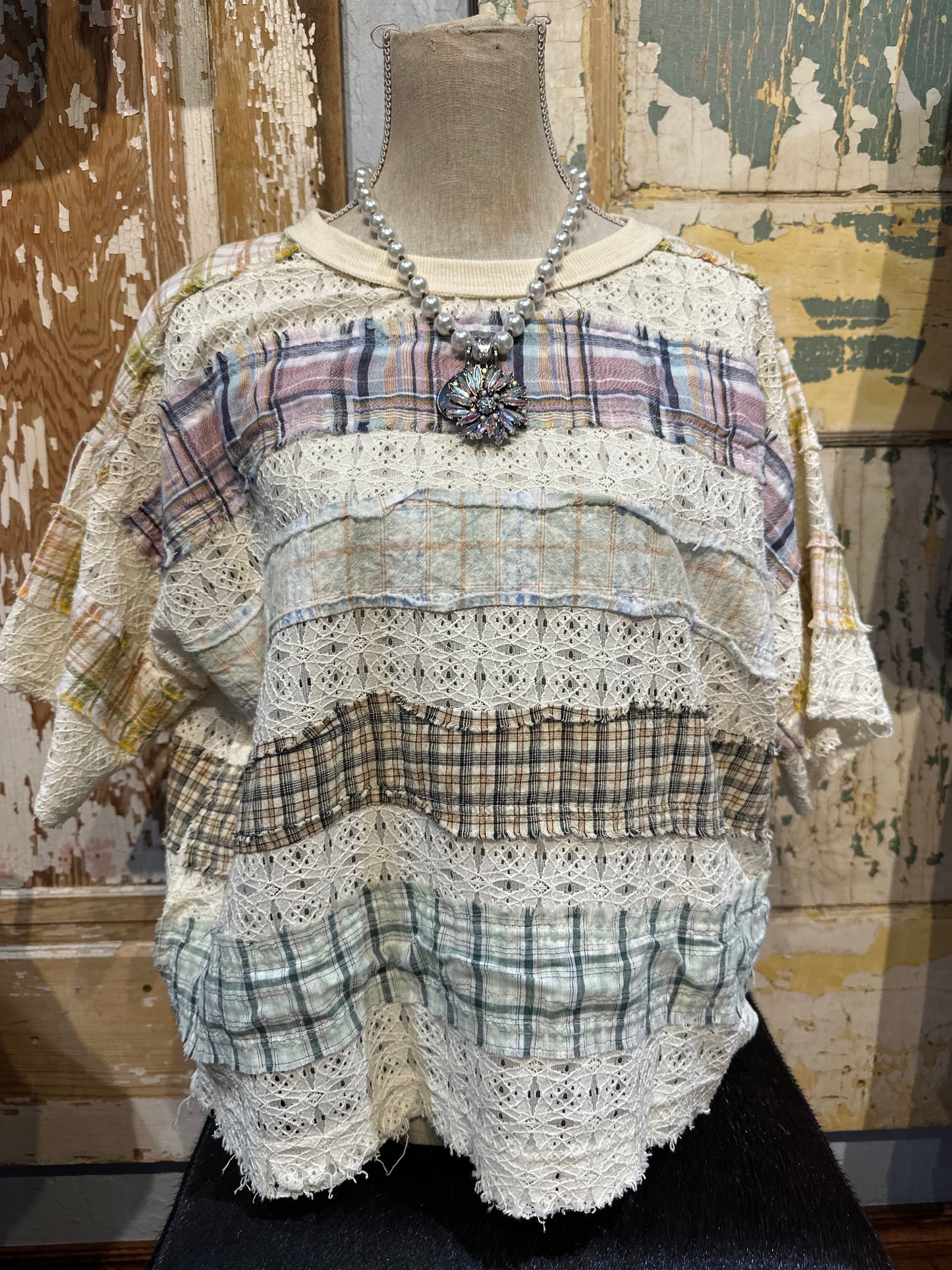 Oli & Hali Plaid and Lace Top Cream