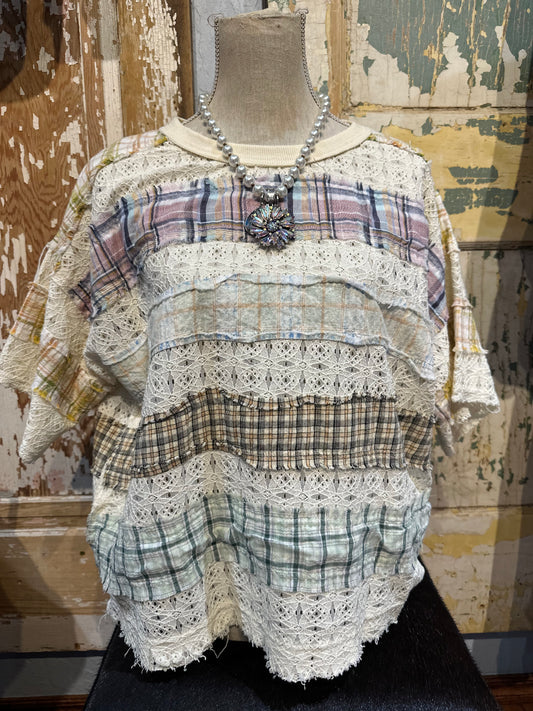 Oli & Hali Plaid and Lace Top Cream