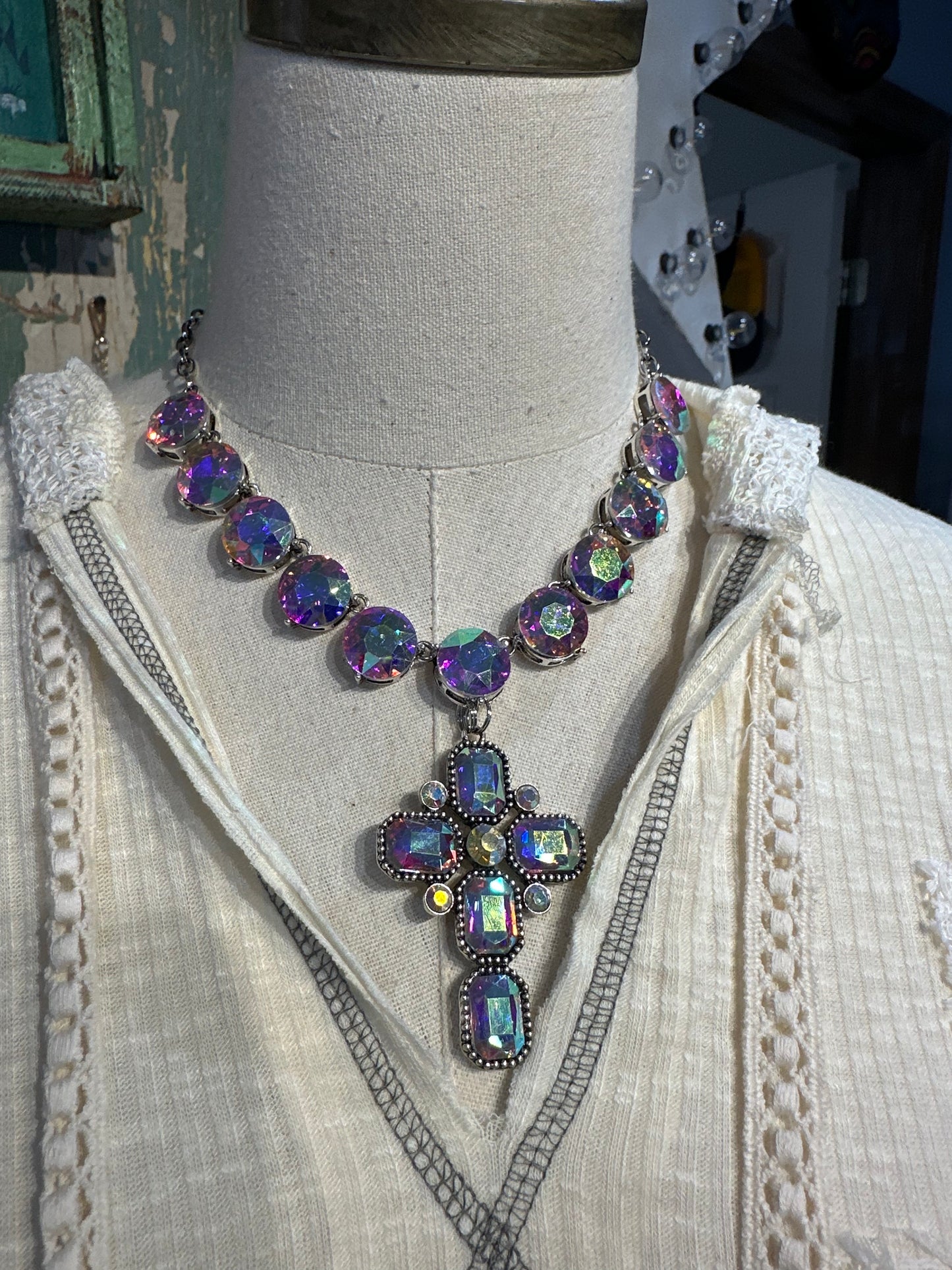 Large AB Crystal Cross Necklace