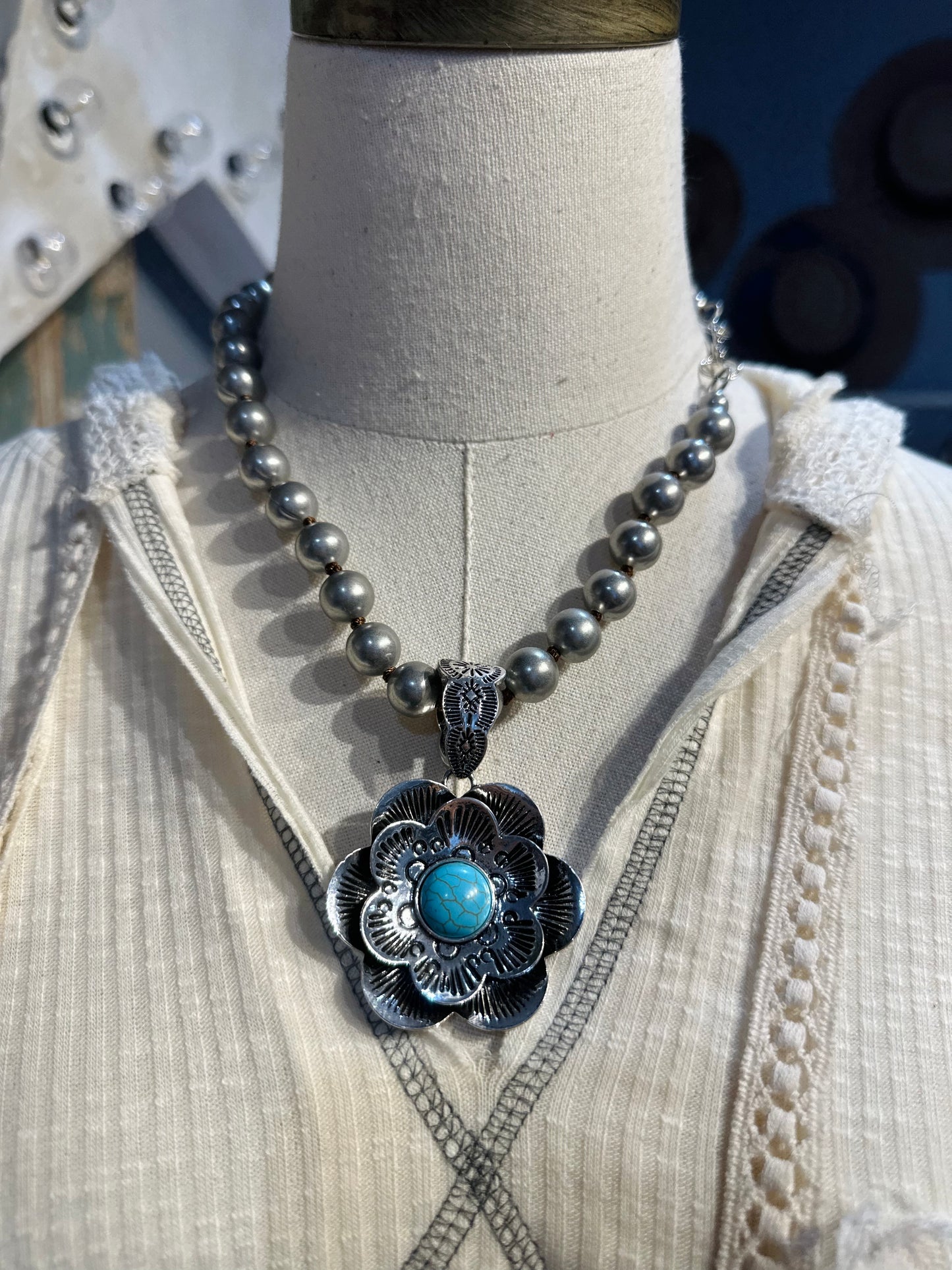 Inspired Silver & Turquoise Flower Necklace
