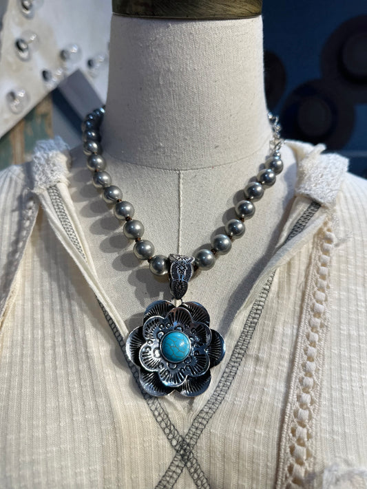 Inspired Silver & Turquoise Flower Necklace
