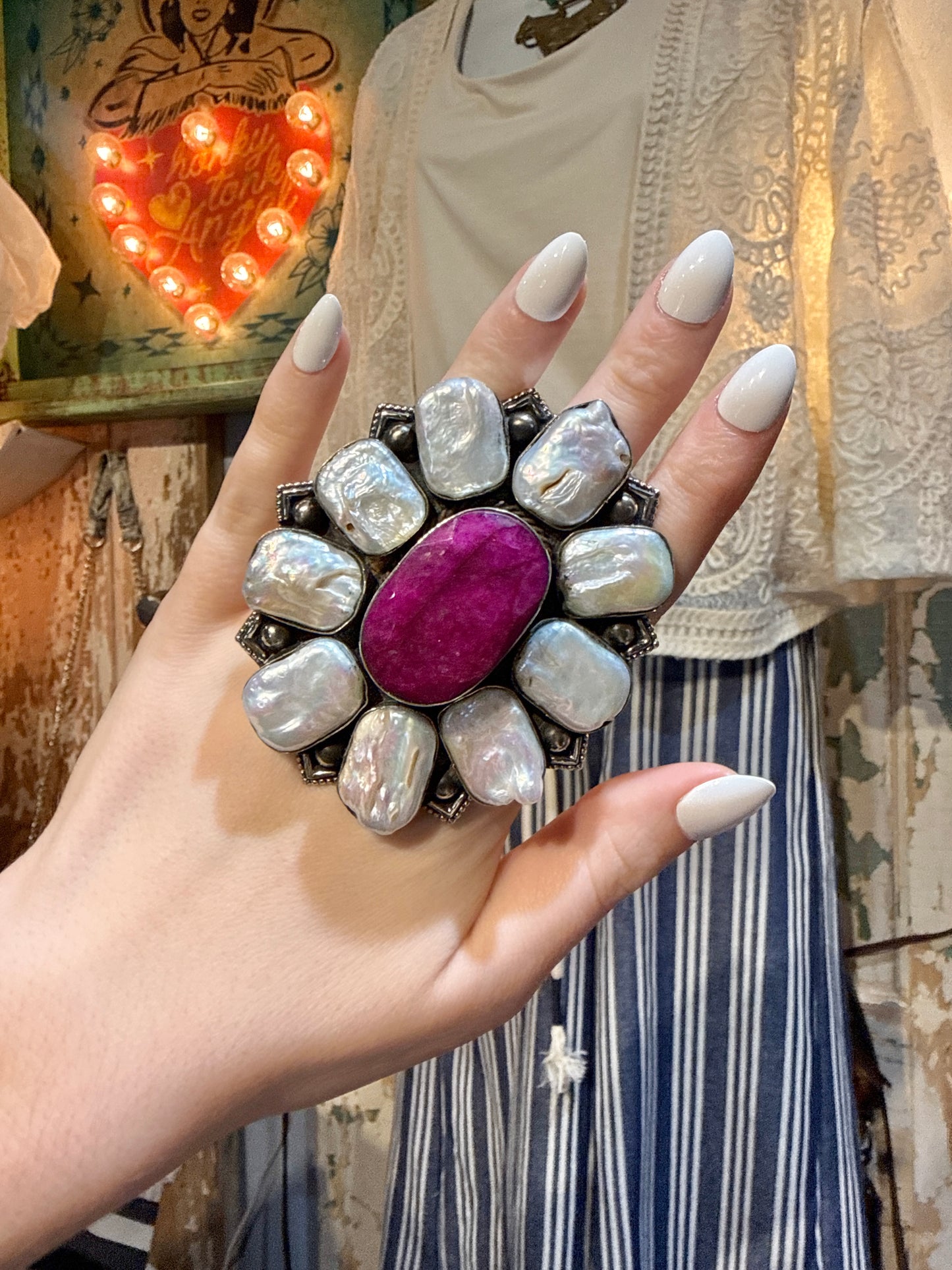Purple Spiny Oyster and Mother of Pearl German Silver Ring