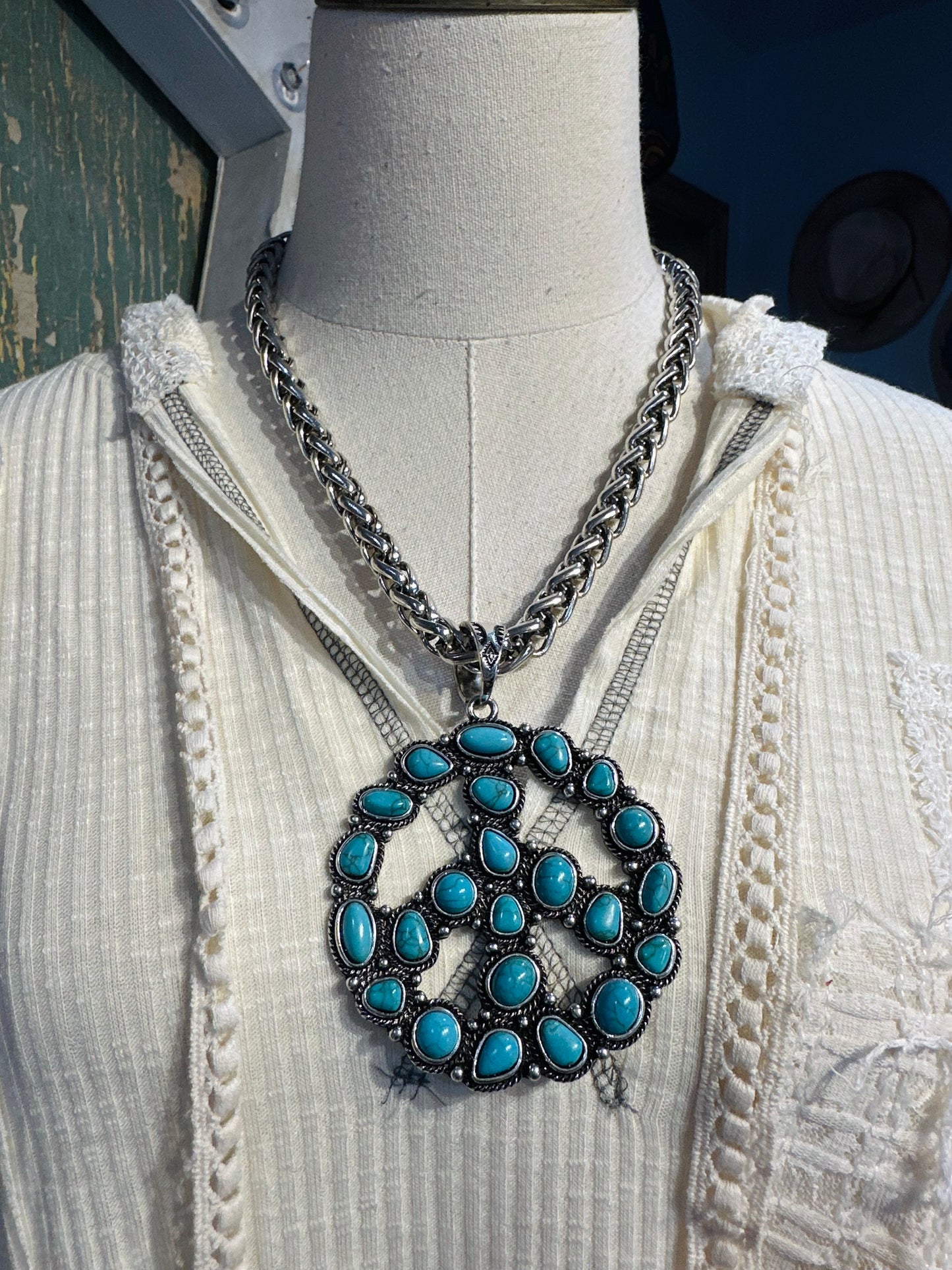 Inspired Silver & Turquoise Peace Sign Necklace