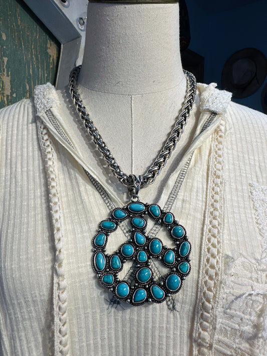Inspired Silver & Turquoise Peace Sign Necklace