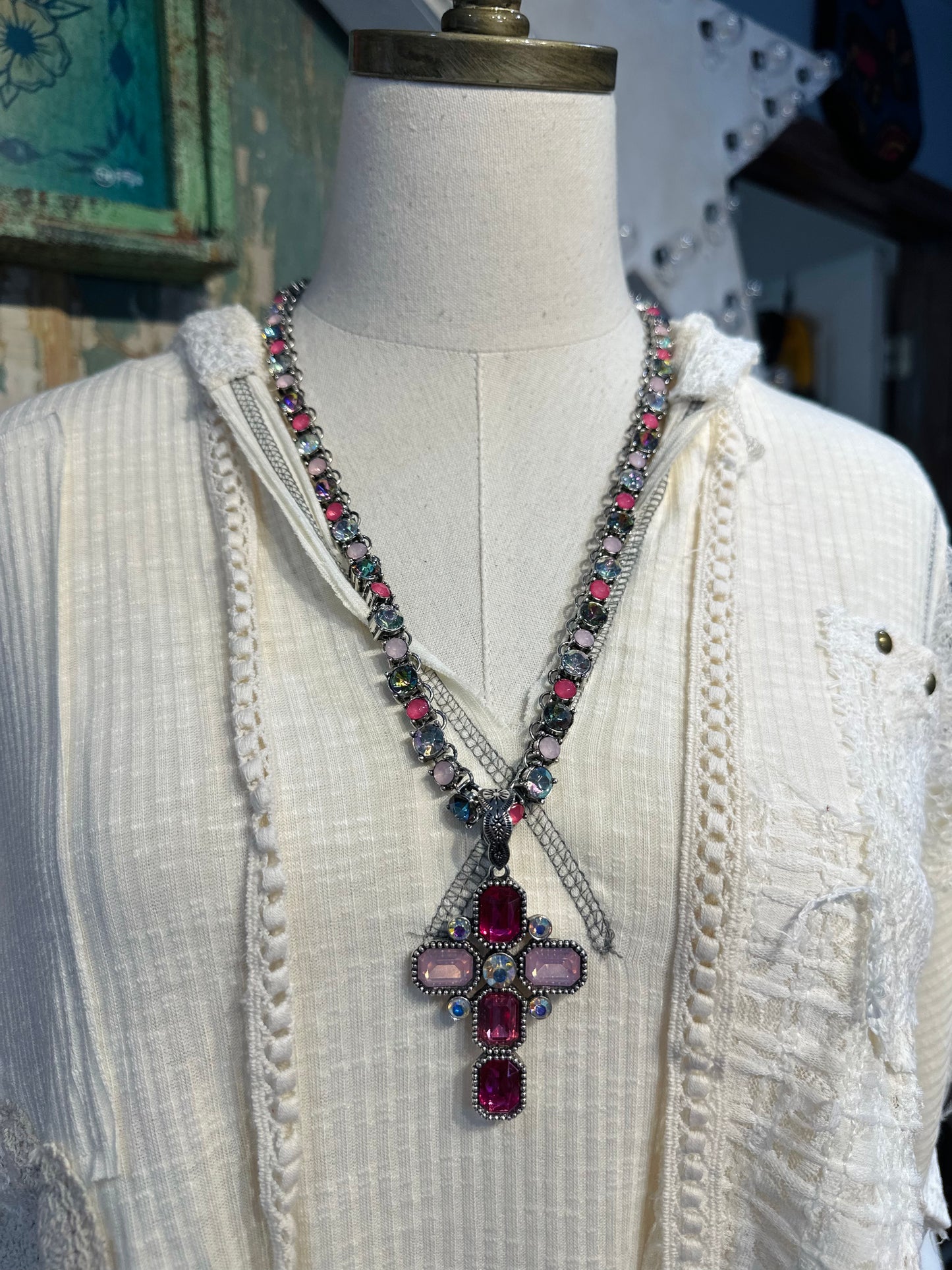 Mulitcolor Pink Crystal Cross Necklace