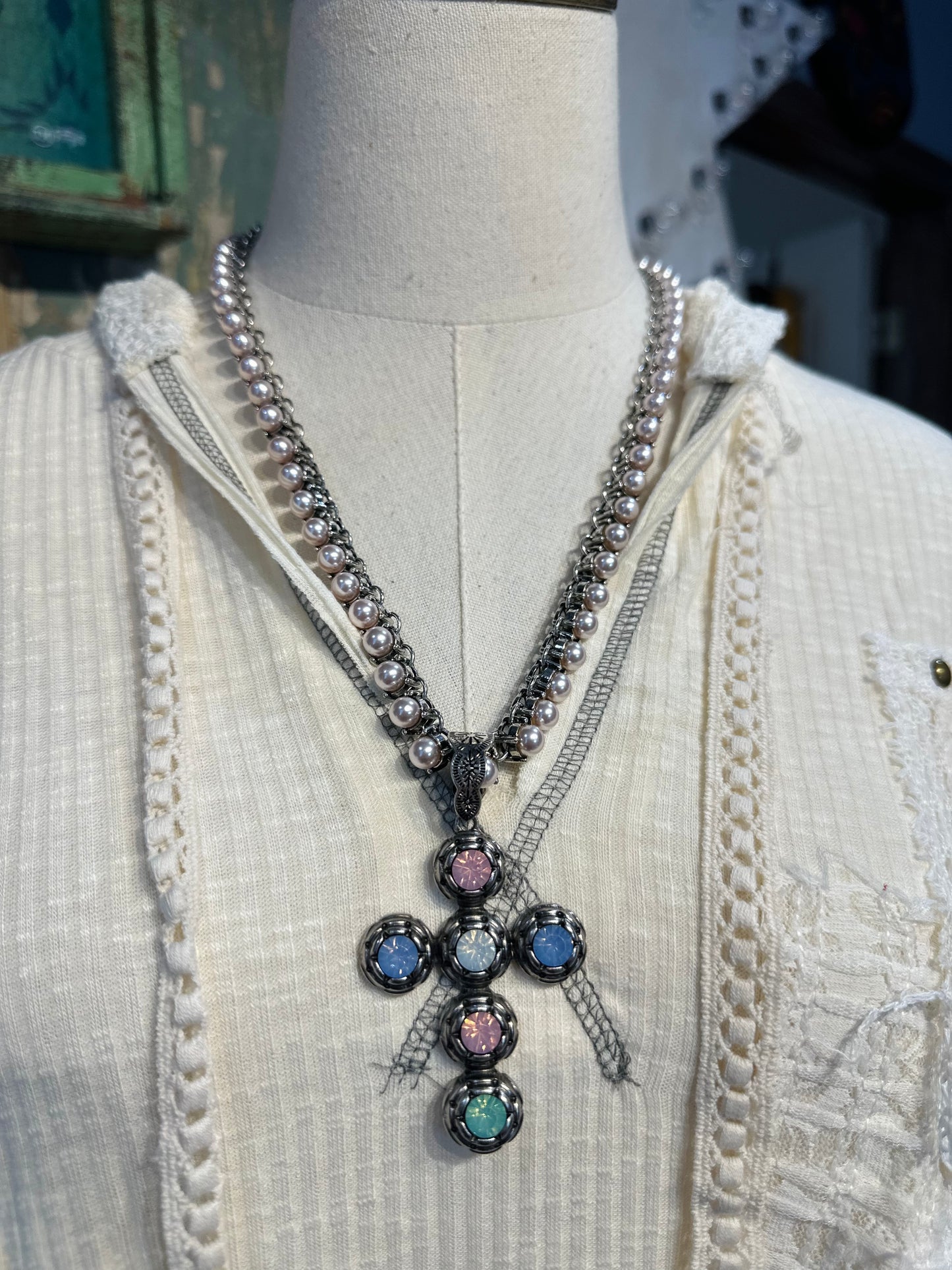 Inspired Pearl & Colorful Crystal Cross Necklace