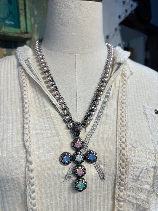 Inspired Pearl & Colorful Crystal Cross Necklace