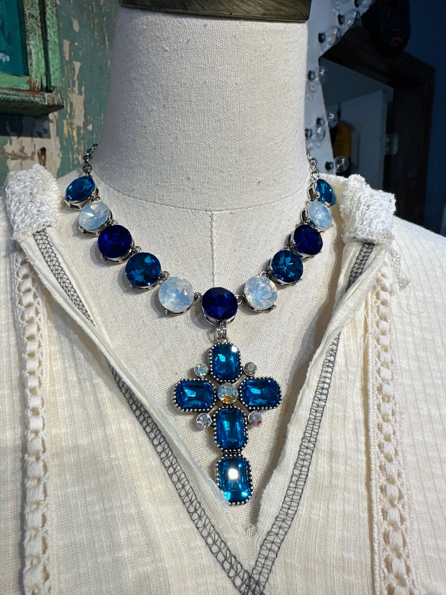 Large Blue Crystal Cross Necklace