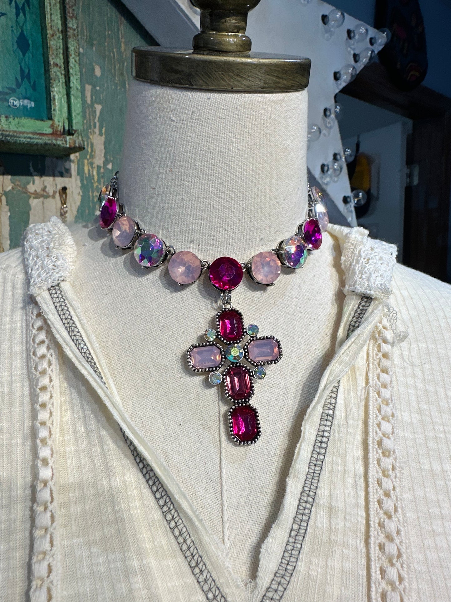 Large Pink Crystal Cross Necklace