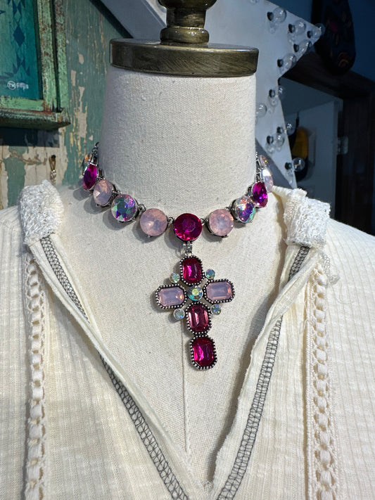 Large Pink Crystal Cross Necklace