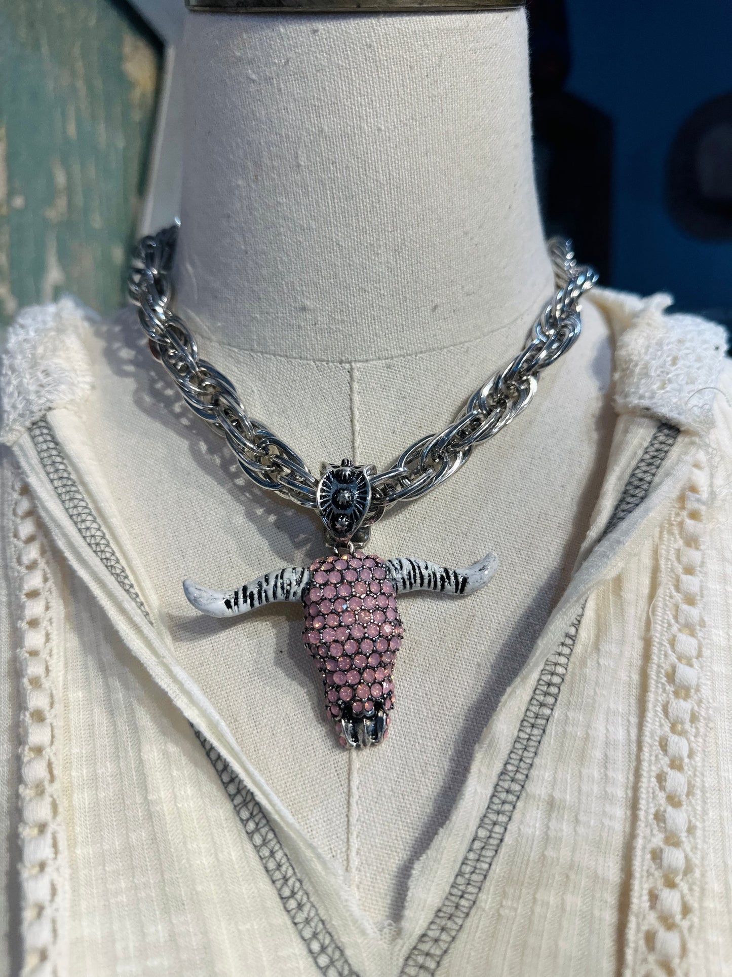 Inspired Silver & Pink Crystal Longhorn Necklace