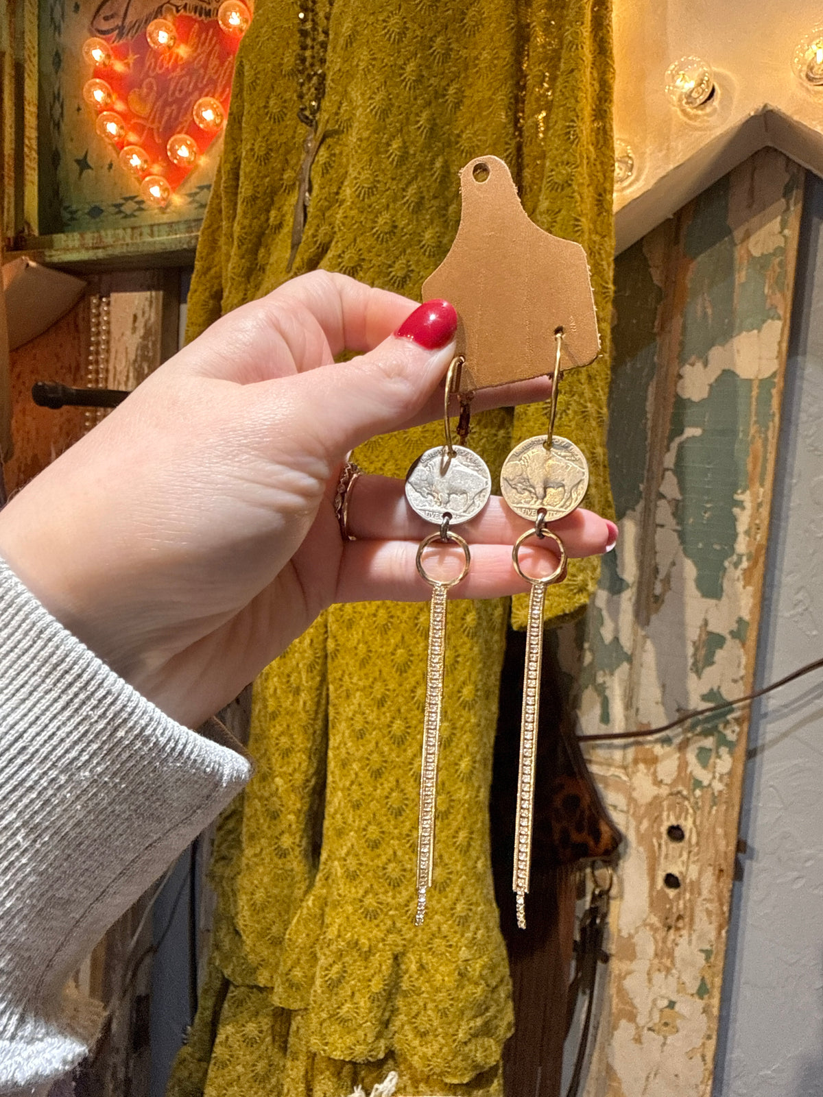 Sandra Ling Buffalo Nickel & Gold Chain Earrings