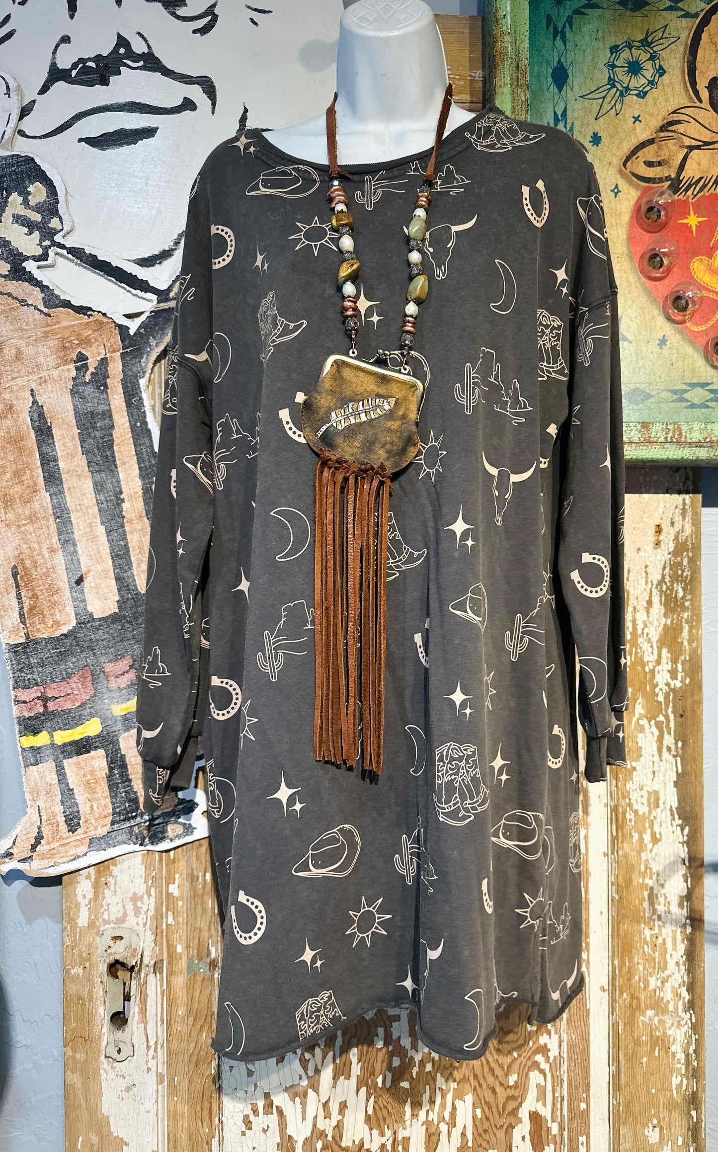 Gray & Peach Western Print Dress