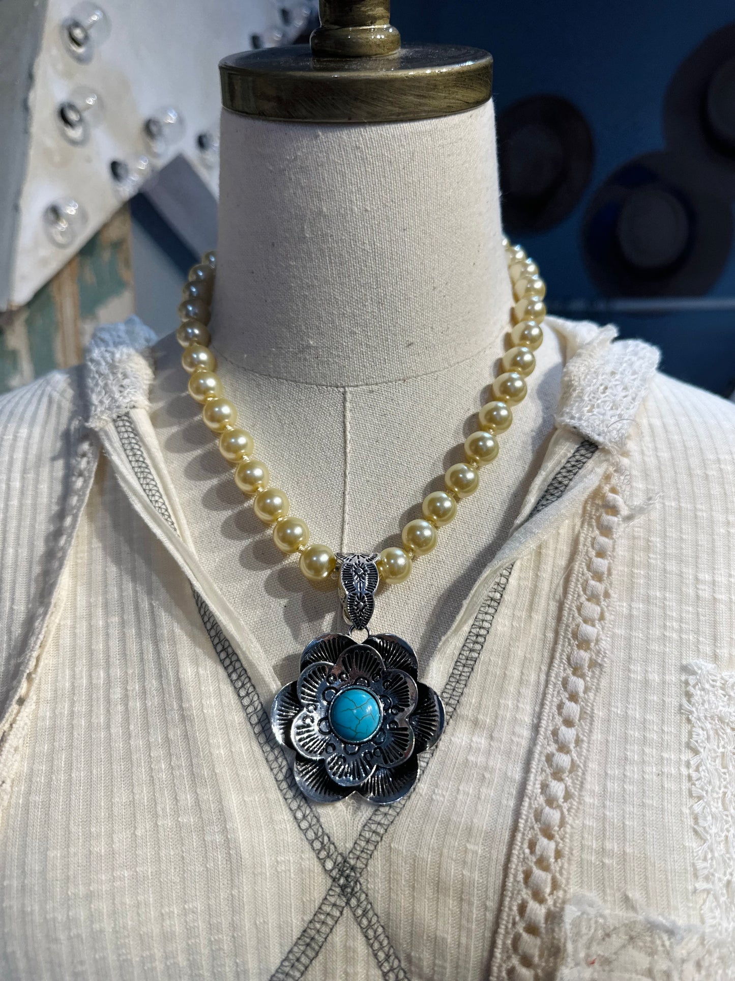 Inspired Champagne Pearl, Silver, & Turquoise Flower Necklace