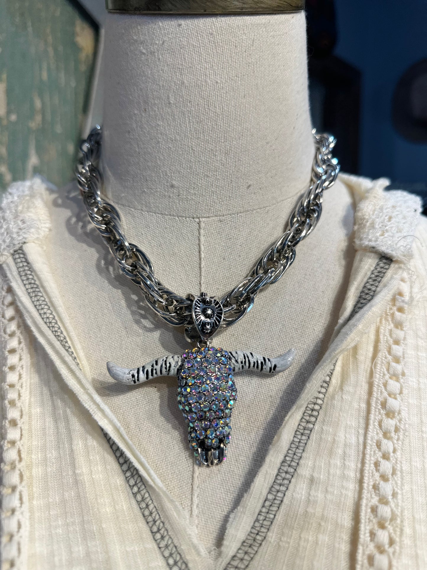 Inspired Silver & AB Crystal Longhorn Necklace
