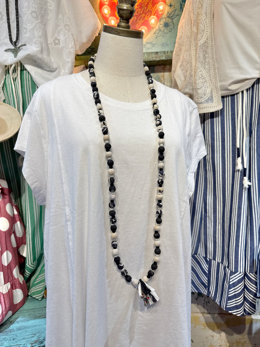 Wood Bead Fabric Tassel Necklace