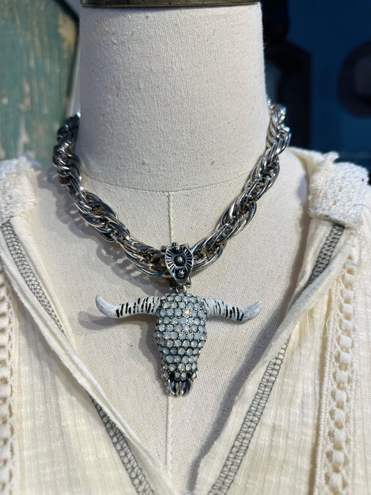 Inspired Silver & Clear Crystal Longhorn Necklace