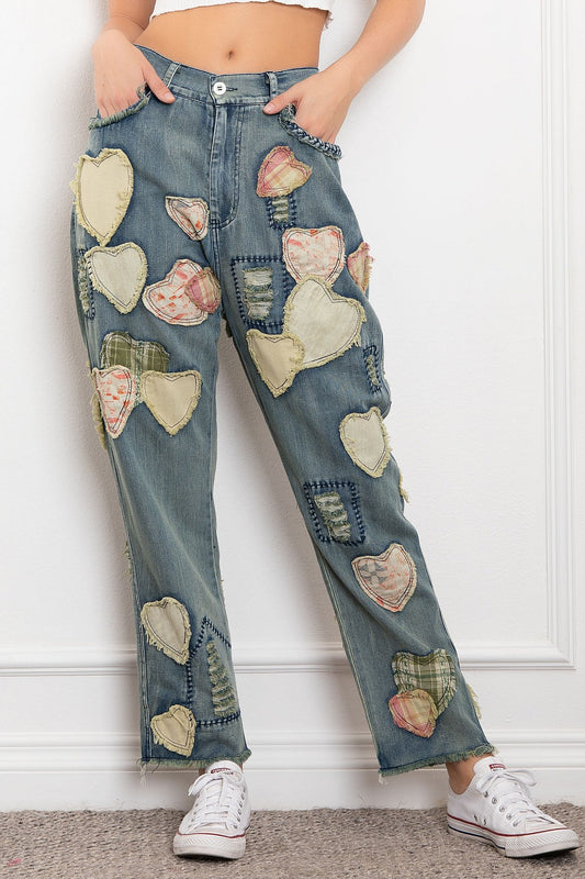 BlueVelvet Heart Patchwork Denim Pants