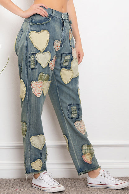 BlueVelvet Heart Patchwork Denim Pants