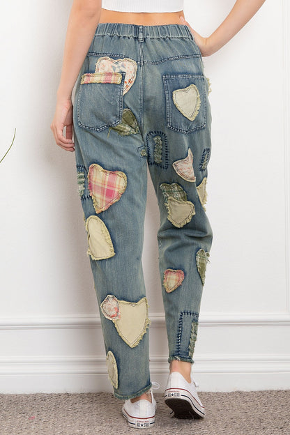 BlueVelvet Heart Patchwork Denim Pants
