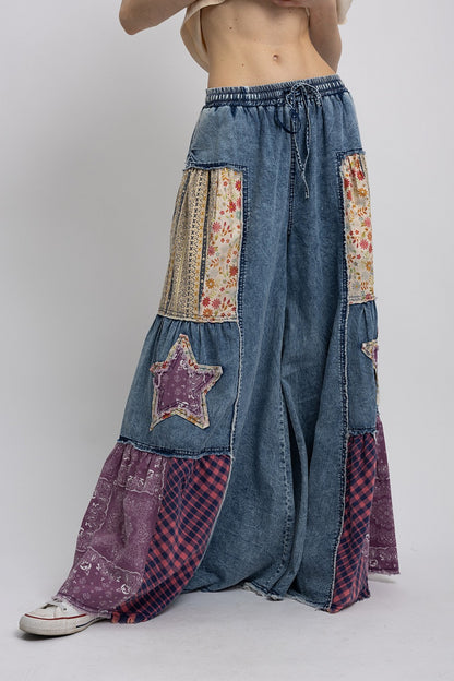 BlueVelvet Denim Star Patch Wide Leg Pants