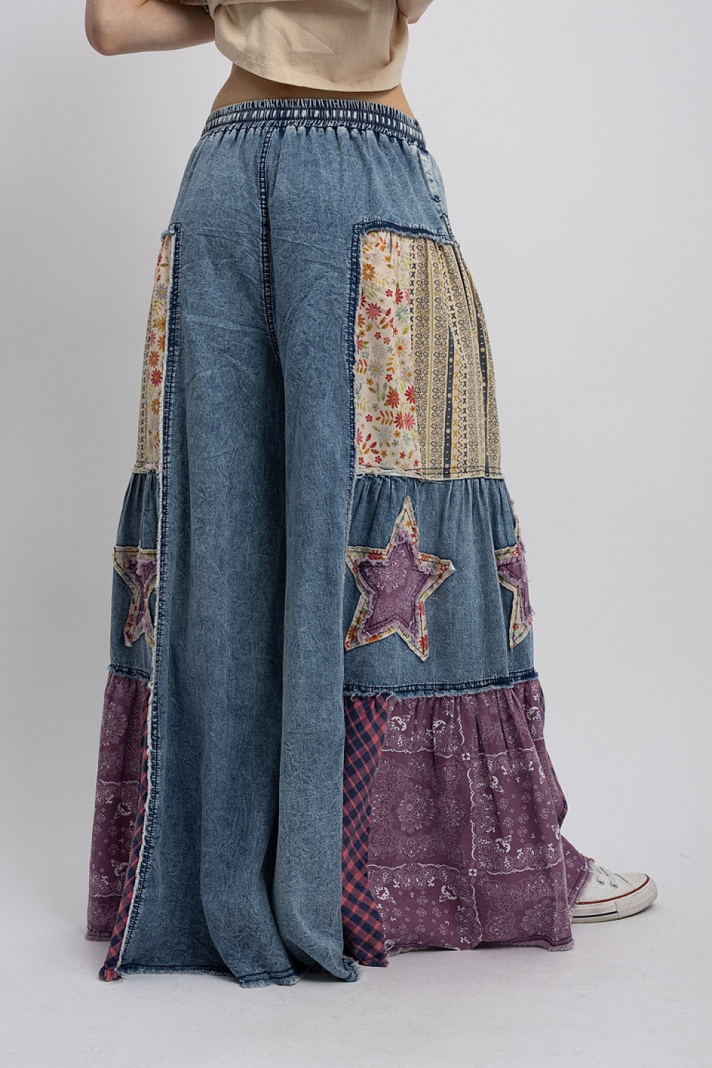 BlueVelvet Denim Star Patch Wide Leg Pants