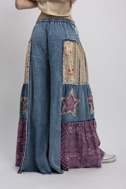 BlueVelvet Denim Star Patch Wide Leg Pants
