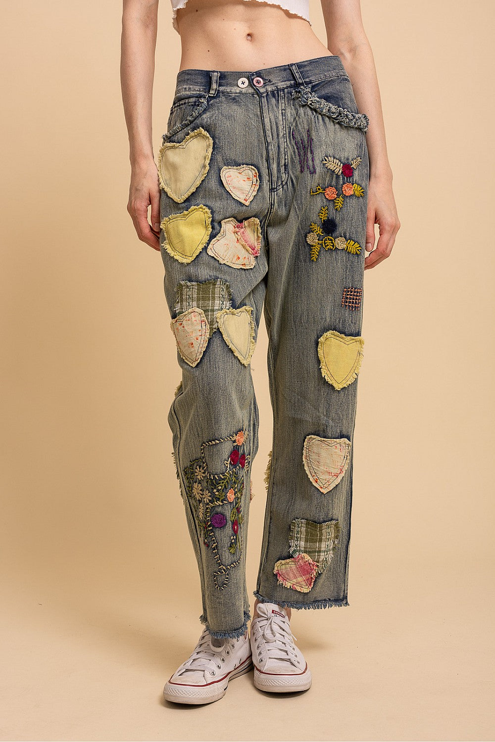 Blue Velvet Floral & Heart Patch Denim Pants