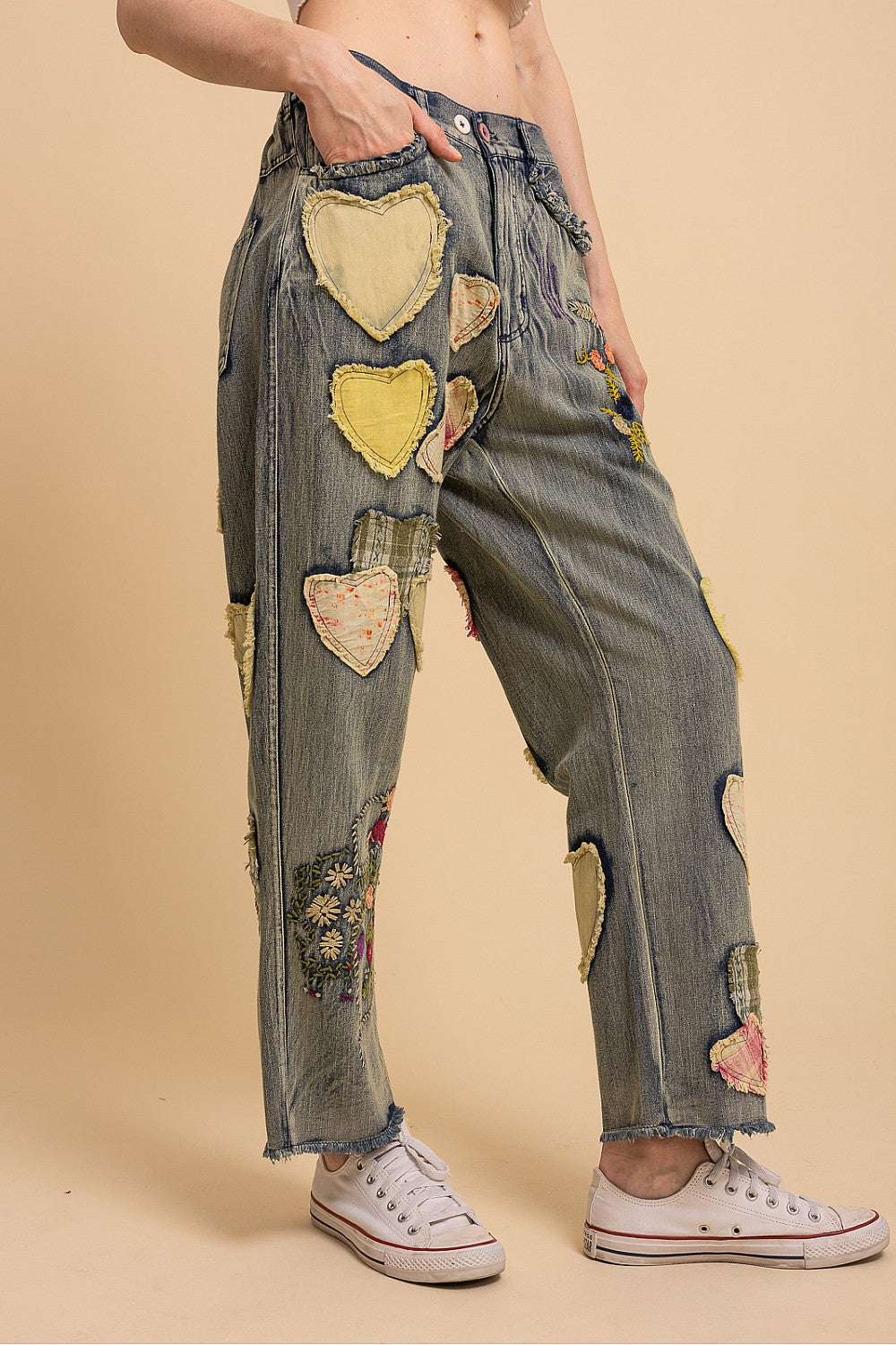 Blue Velvet Floral & Heart Patch Denim Pants