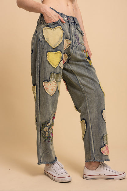 Blue Velvet Floral & Heart Patch Denim Pants