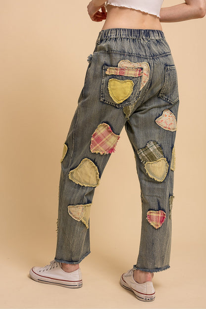 Blue Velvet Floral & Heart Patch Denim Pants