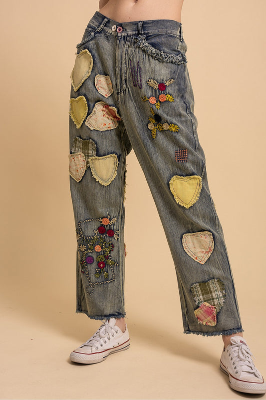 Blue Velvet Floral & Heart Patch Denim Pants