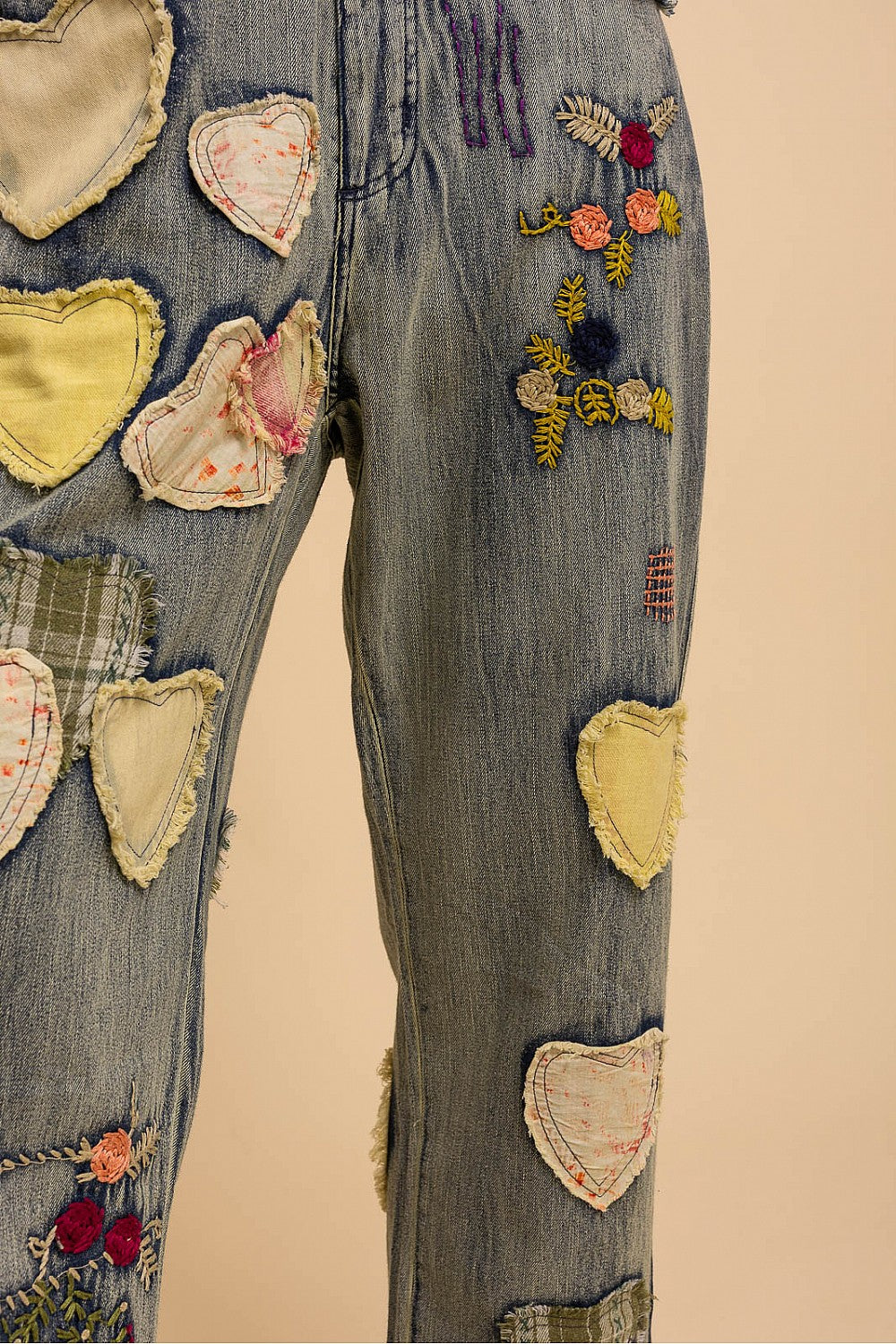 Blue Velvet Floral & Heart Patch Denim Pants
