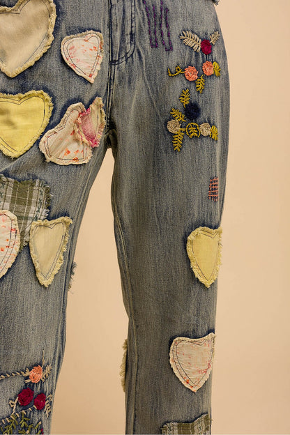 Blue Velvet Floral & Heart Patch Denim Pants