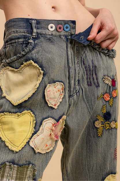 Blue Velvet Floral & Heart Patch Denim Pants
