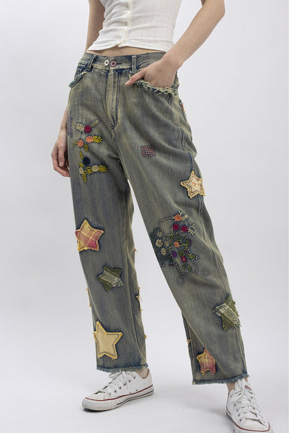 Blue Velvet Patchwork Star Denim Pants