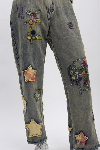 Blue Velvet Patchwork Star Denim Pants
