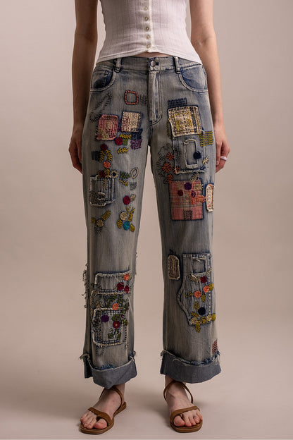 BlueVelvet Patchwork Embroidered Denim Pants