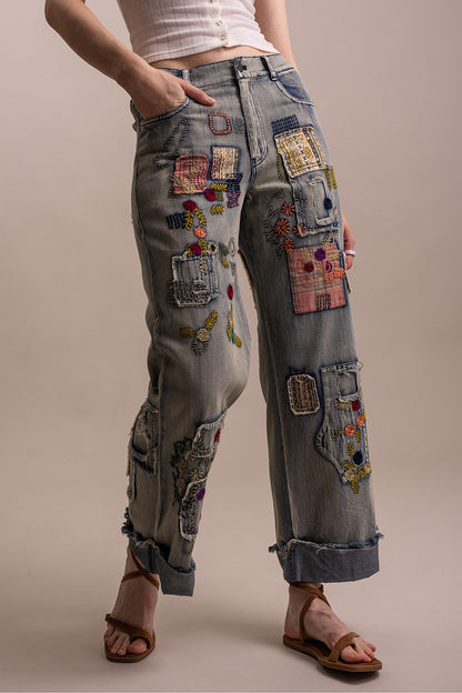 Blue Velvet Denim Embroidered Straight Leg Pants