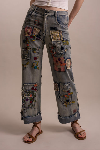 BlueVelvet Patchwork Embroidered Denim Pants