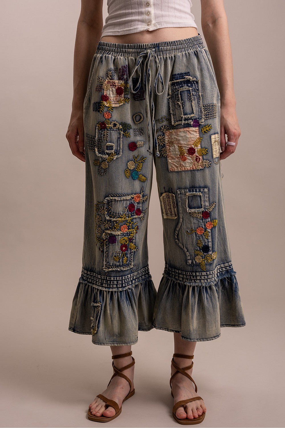Blue Velvet Denim Embroidered Ruffle Bottom Pants