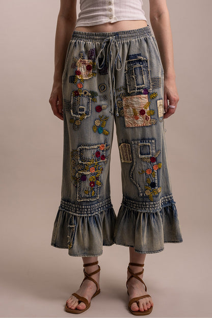 Blue Velvet Denim Embroidered Ruffle Bottom Pants