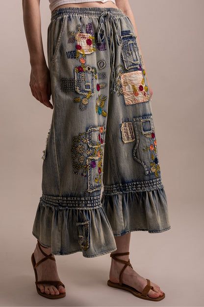 Blue Velvet Denim Embroidered Ruffle Bottom Pants