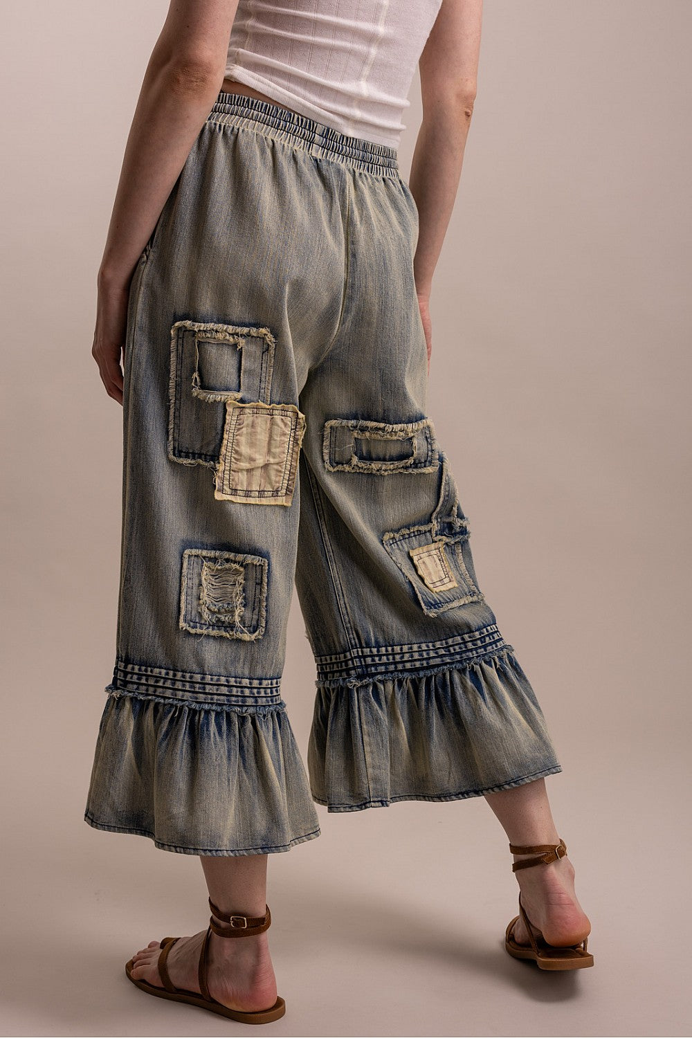 Blue Velvet Denim Embroidered Ruffle Bottom Pants