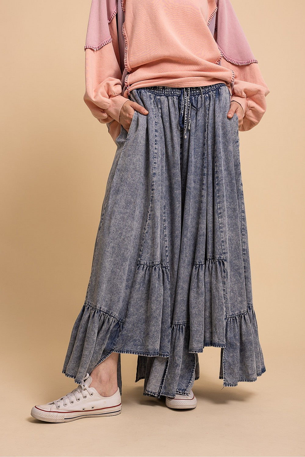 Blue Velvet Elastic Waist Drawstring Wide Leg Denim Pants