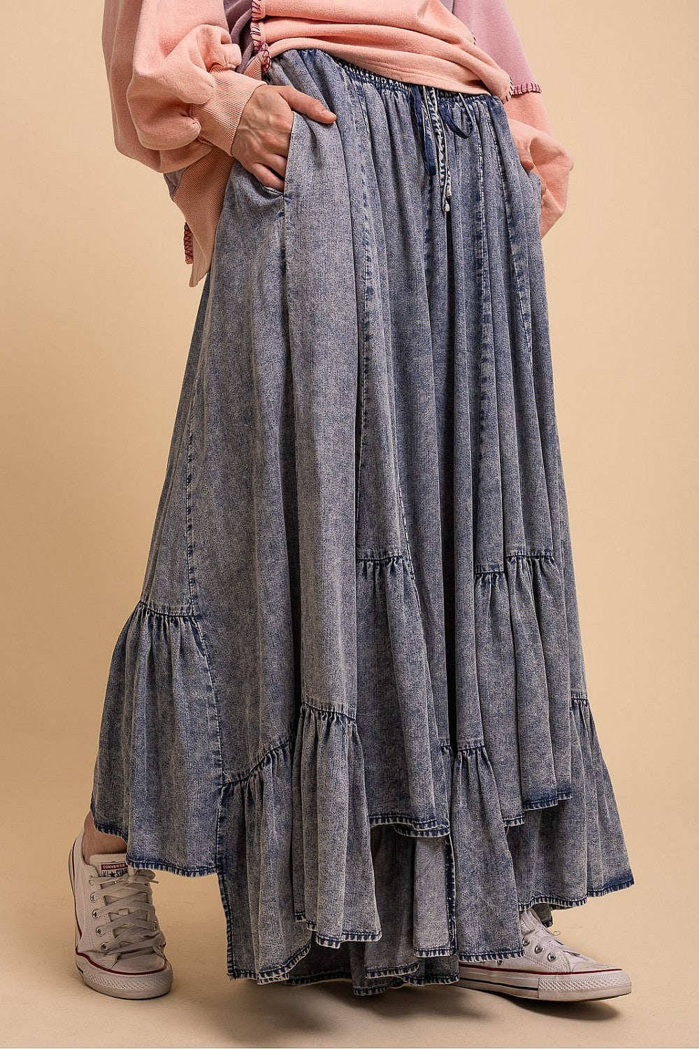 Blue Velvet Elastic Waist Drawstring Wide Leg Denim Pants