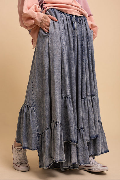 Blue Velvet Elastic Waist Drawstring Wide Leg Denim Pants
