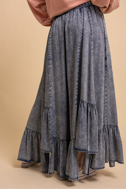 Blue Velvet Elastic Waist Drawstring Wide Leg Denim Pants