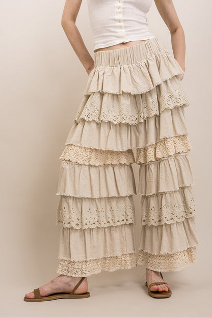 BlueVelvet Taupe Tiered Lace Ruffle Pants