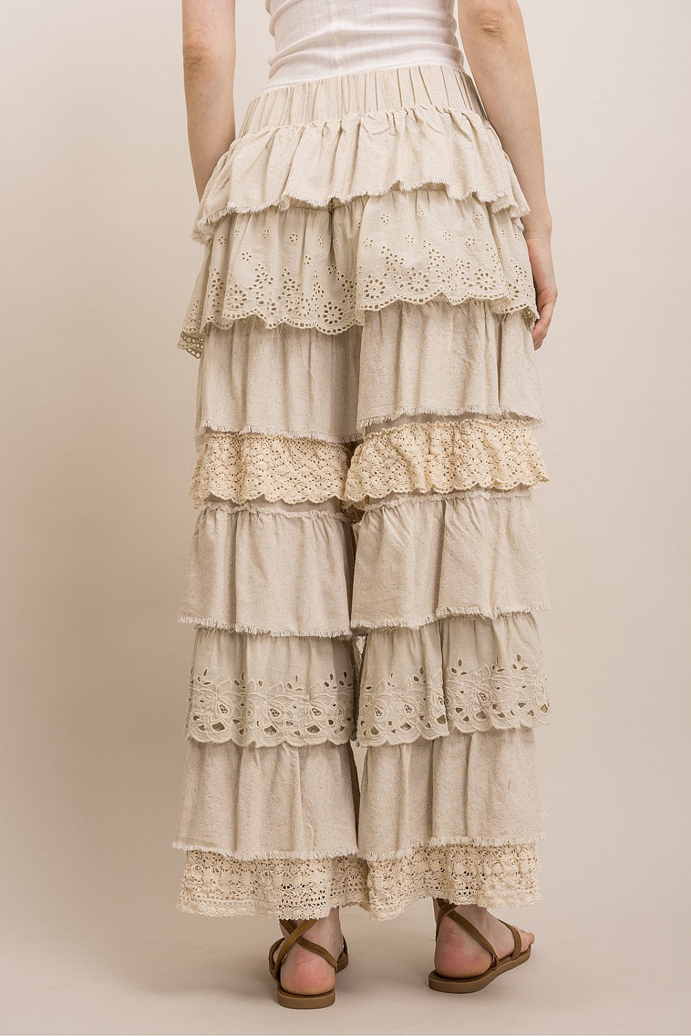 BlueVelvet Taupe Tiered Lace Ruffle Pants